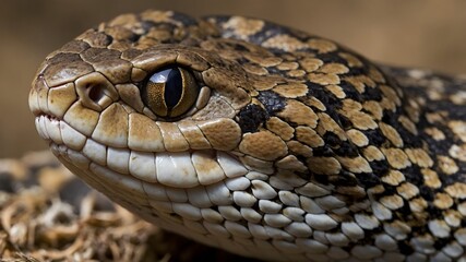 Obraz premium Golden Lancehead Poised to Strike at Small Rodent in Underbrush Displaying Hunting Instincts