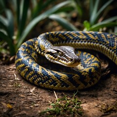 Obraz premium Tropical Scene with Golden Lancehead Snake Among Vibrant Flowers Highlighting Biodiversity