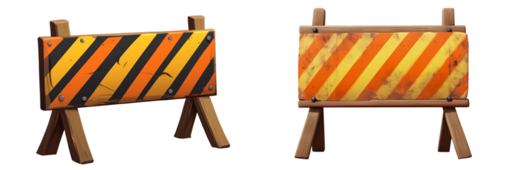  Set of a Stylized construction road barrier with striped orange and yellow panels on wooden legs, isolated on transparent background. 