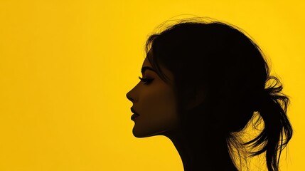 Beautiful woman silhouette on bright yellow background, AI generated image