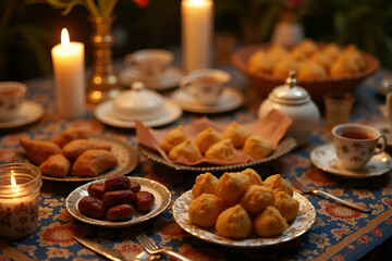 Fototapeta premium A beautifully arranged table filled with traditional Ramadan foods like dates, samosas, and tea, styled with elegant tableware and candles
