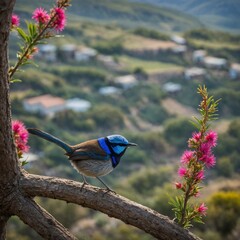 A fairy wren on a high branch, with a stunning view of a valley filled with colorful flowers.