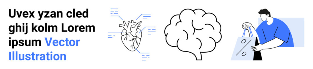 Detailed heart infographic, brain illustration, and person carrying shopping bags. Ideal for medical, neuroscience, consumer behavior, shopping trends, e-commerce, education and marketing contents