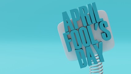 April fools day text sign on a spring on blue background, copy space, template