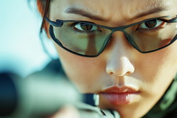 Focused Woman Wearing Protective Glasses in Action Packed Scene