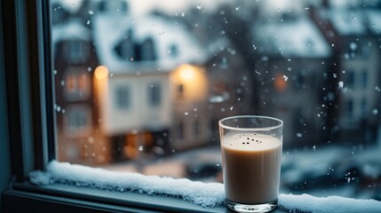 Cozy winter scene with milk and coffee by the window