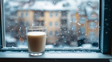 Cozy winter scene with milk and coffee by the window