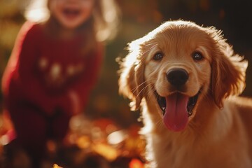 Golden retriever puppy playing in autumn park with child in background, enjoying nature and outdoor family moments, pet companionship and joy.