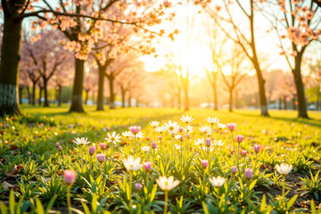 Obraz premium In spring, the warm and soft sunlight shines on the flowers and trees that are full of life. This renewed season brings life to all plants and nature awakens from its winter slumber.