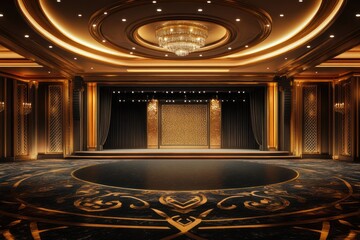 Luxurious ballroom stage, elegant event space, grand interior design, golden accents, perfect for presentations