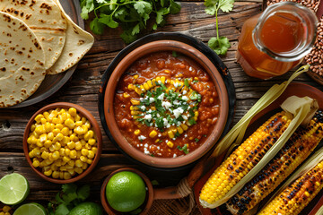 Extravagant Spread of Traditional New Mexican Cuisines on a Rustic Wooden Table