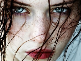 Captivating gaze of a young woman with wild hair against a soft background