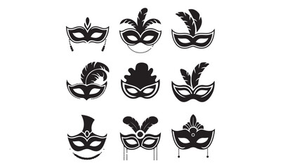 Masquerade Mask Icon Set Elegant Venetian Masks with Feathers and Ornamental Details