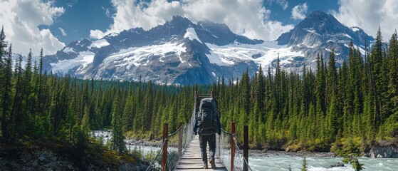 Obraz premium Hiker crossing a wooden bridge in a serene landscape with majestic mountains, lush forests, and a vibrant blue sky, capturing the essence of outdoor adventure.