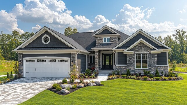 Single story home, new build, landscaped, with trees and blue sky, for real estate