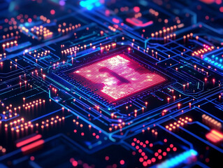 Obraz premium Futuristic Microchip Representing AI and Big Data Processing with Digital Circuitry and Glowing Elements