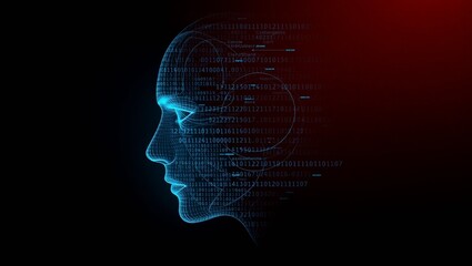 Silhouette of a head with binary code, representing the brain, mind, and technology, symbolizing intelligence and thinking, ai technology