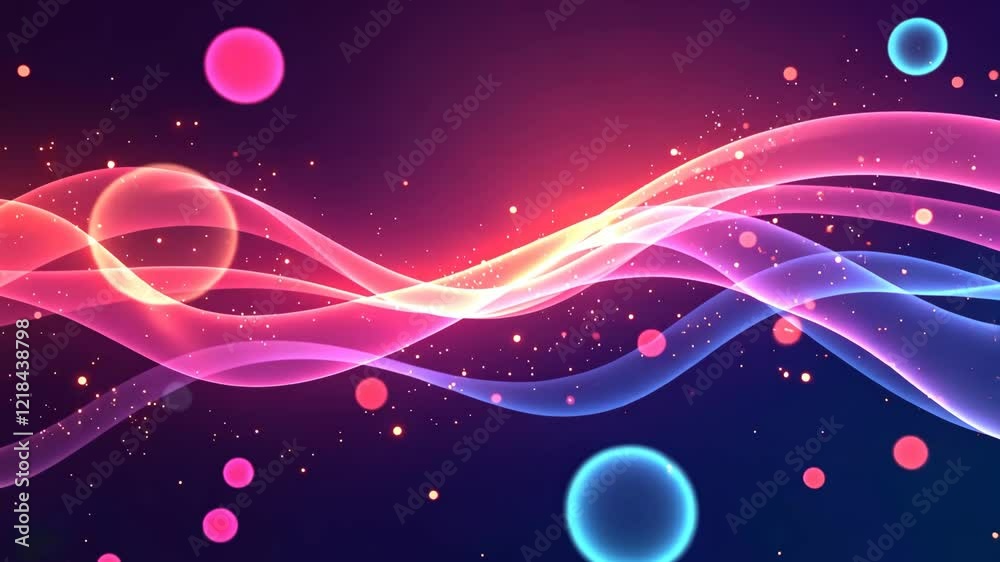 Poster a colorful wave with pink and blue colors. there are many small dots in the background. the wave is 
