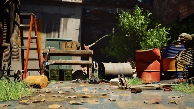 Cluttered post-apocalyptic hideout with scattered weapons, debris, puddles and a skeleton. Warriors hideaway in a desolate dystopian city.