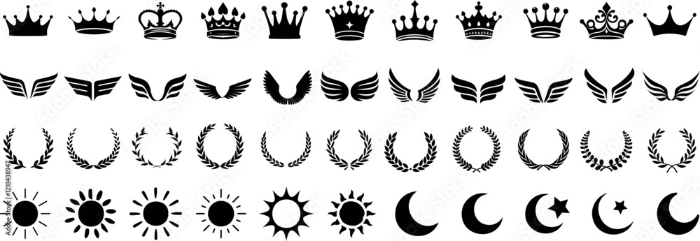 Wall mural crown, wing, laurel wreath, sun, moon vector icons. elegant black silhouettes of crowns, wings, laur