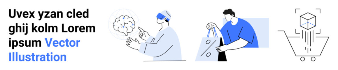 Person using VR headset creating brain model, individual carrying shopping bags, and 3D cube projection into shopping cart. Ideal for virtual reality, online shopping, augmented reality, innovation