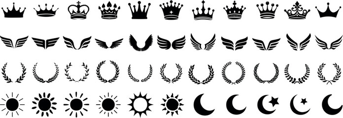 Fototapeta premium Crown, wing, laurel wreath, sun, moon vector icons. Elegant black silhouettes of crowns, wings, laurels, suns, and moons. Perfect for design, logos, and decorative purposes