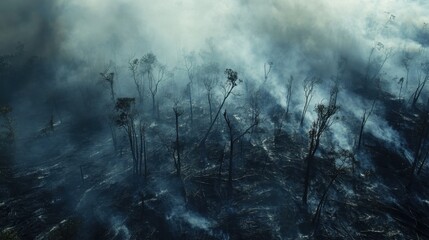 Fototapeta premium Devastation Unveiled: A poignant capture of a forest engulfed in flames, with smoke obscuring the sky and scorched earth as silent testament to nature's fury.