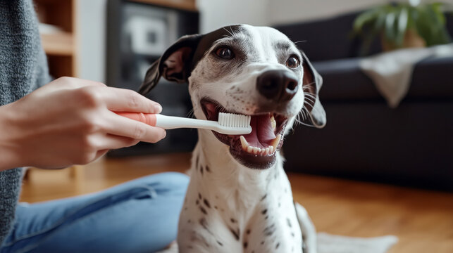 Woman's hand gently brushing a dog's teeth with dog toothpaste at home. Dog dental hygiene