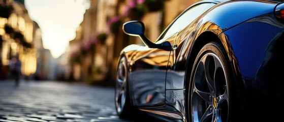 Luxury sports car parked on a cobblestone street with sunlight reflecting off its sleek surface. Stylish design and urban backdrop highlighting automotive elegance.