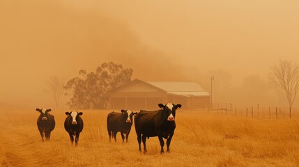 Naklejka premium Cattle Under Dust Storm: A herd of cattle, their forms silhouetted against the eerie, orange-tinged haze of a dust storm, stand stoically in a desolate field.