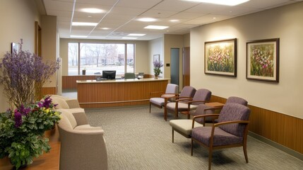 Fototapeta premium Contemporary clinic waiting room with modern seating, a clean reception desk, and elegant decor.