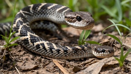 Obraz premium Nest in a Tree Flying Snake Resting on Branch with Young in Leaf Nest