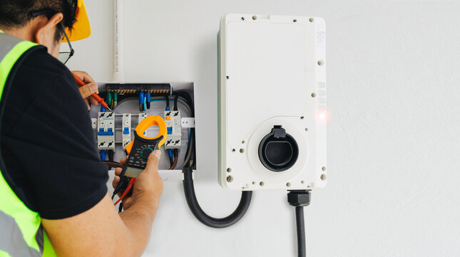  Electrician Testing Home EV Wall Charger Installation