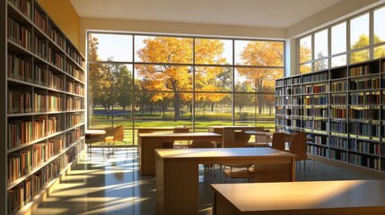 Contemporary library design with neat bookshelves, private study desks, and open reading spaces.