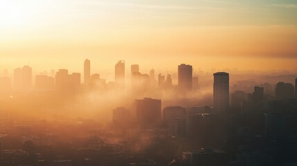 Fototapeta premium Golden City Silhouette: The majestic skyline of a bustling city enveloped in a warm, golden haze. Capture the city's vibrant energy with skyscrapers reaching for the heavens.