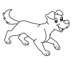 Cute cartoon hand drawn vector walking happy dog coloring page.