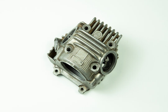 Motorcycle cylinder head, cylinder block isolated on white background