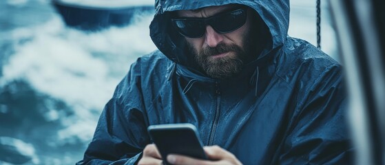 Man using smartphone on boat in stormy ocean, fishing gear and waterproof clothing highlighting outdoor adventure and marine technology in rough weather.