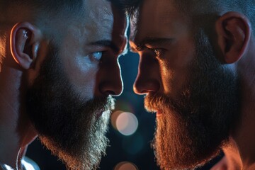 Men with beards engaged in intense stare down against a dark background, showcasing focus, determination, and strength in a competitive atmosphere.