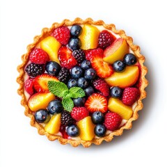 A colorful fruit tart with mixed berries and pastry cream, isolated white background, impressionist art style