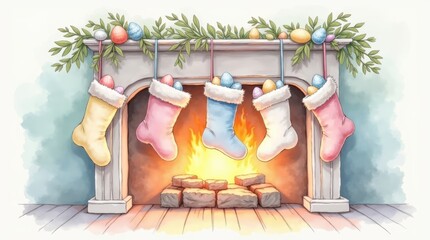 Easter egg holiday celebration with colorful stockings at cozy fireplace festive home environment warm viewpoint