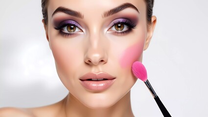 Woman Make Up Blush. Beautiful woman make up and blush brush. Makeup.