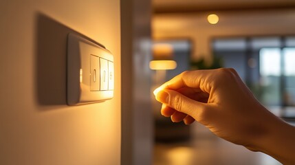 Illuminating the Moment: A close-up shot captures a hand reaching for a light switch in a softly lit room, symbolizing energy and control.