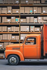 Fototapeta premium Orange delivery truck parked near warehouse shelves filled with cardboard boxes, showcasing logistics, shipping operations, and efficient inventory management in retail.