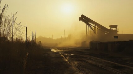 Industrial Sunset: A compelling shot of an industrial area during sunset. The machinery's silhouette is striking. Dusty air and muted color tones add to the scene. 