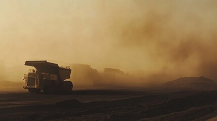 Fototapeta premium Industrial Haulage: A massive mining truck navigates a dusty environment. conveying a sense of raw power and the scale of industrial processes.