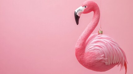 Fototapeta premium Colorful flamingo decoration hanging against a bright pink background in a cheerful setting