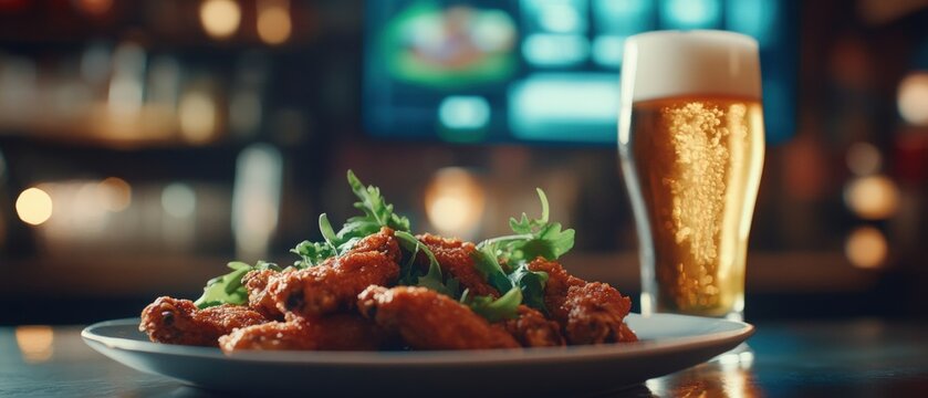 Plate of delicious chicken wings paired with a cold beer, ideal for sports bar setting, perfect for party, celebration, or casual dining atmosphere. Enjoy tasty snacks!