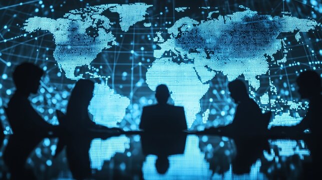 Professional meeting with diverse people silhouettes against digital world map background representing global teamwork