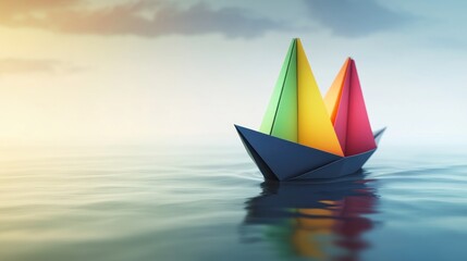 Colorful paper boats sailing sunset sea